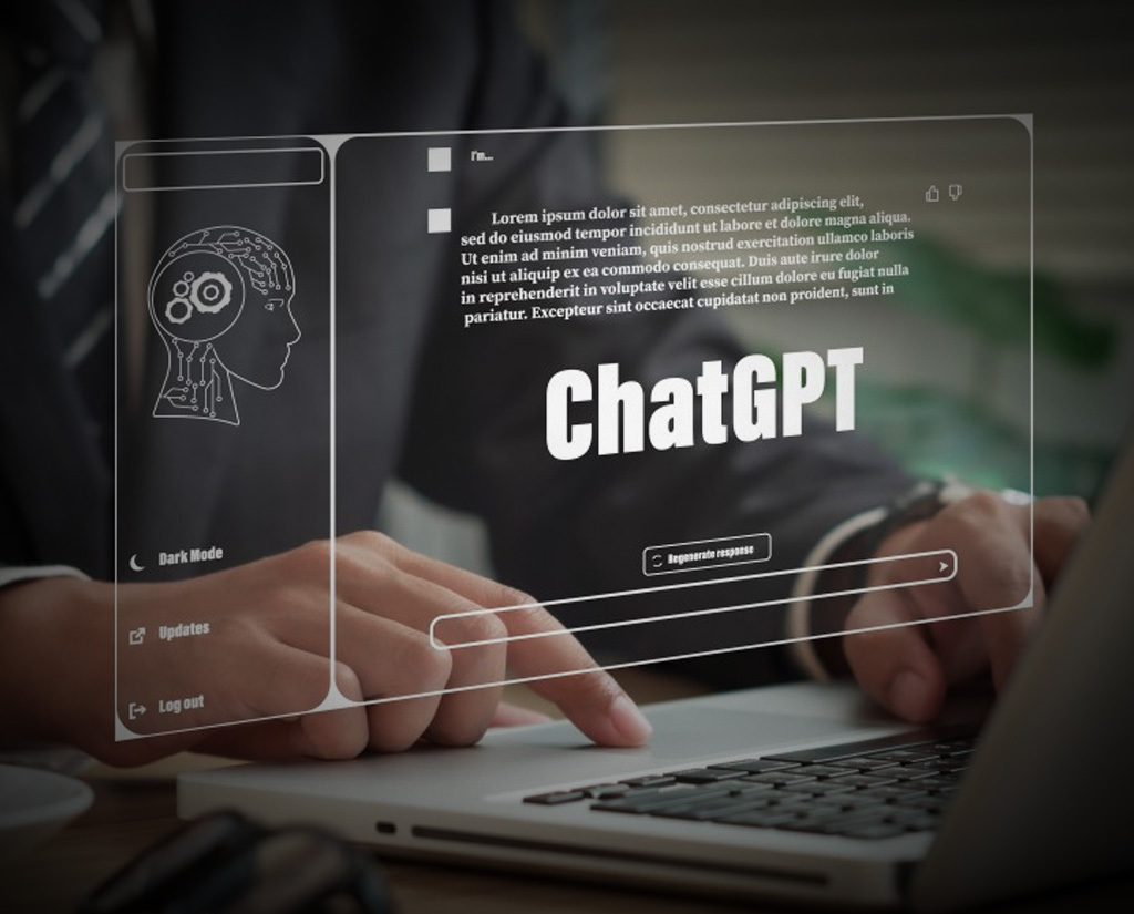 An image depicting a virtual screen with the words ChatGPT written on it in bold type